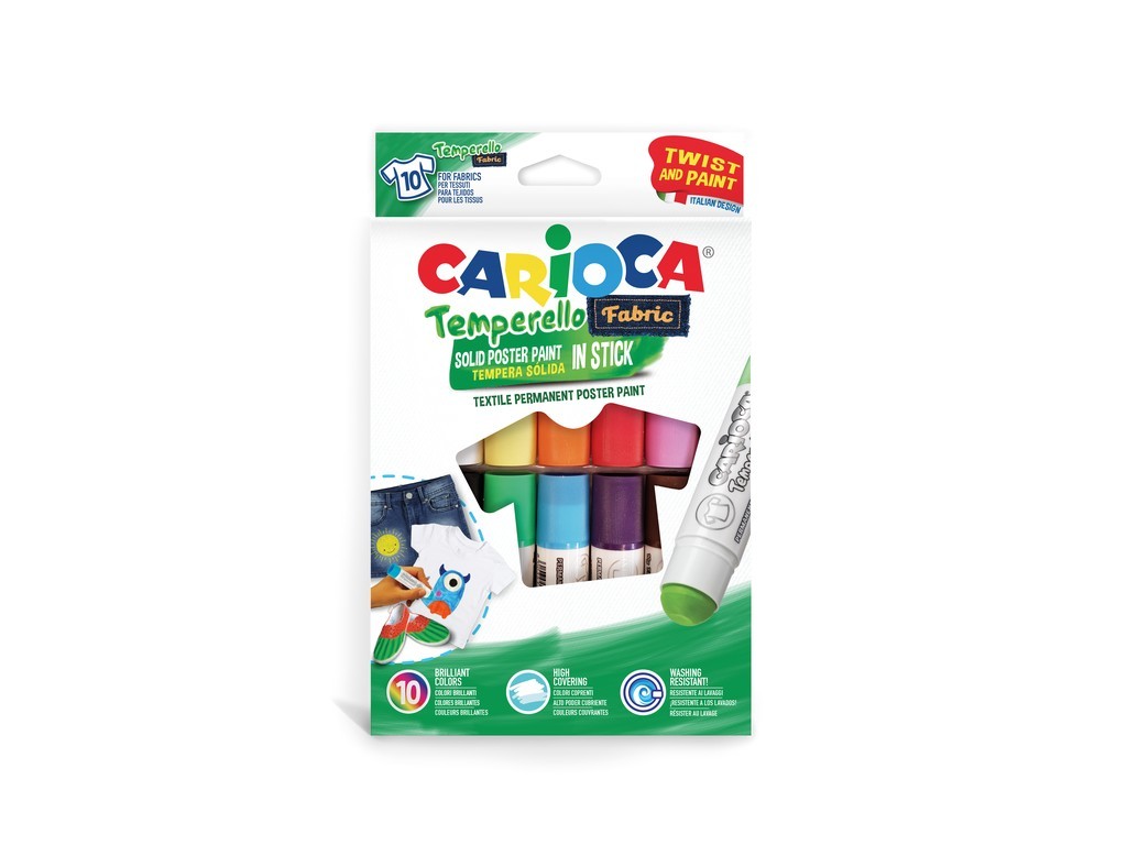 Creioane tempera, lavabile, 10 culori/cutie, CARIOCA Temperello Fabric