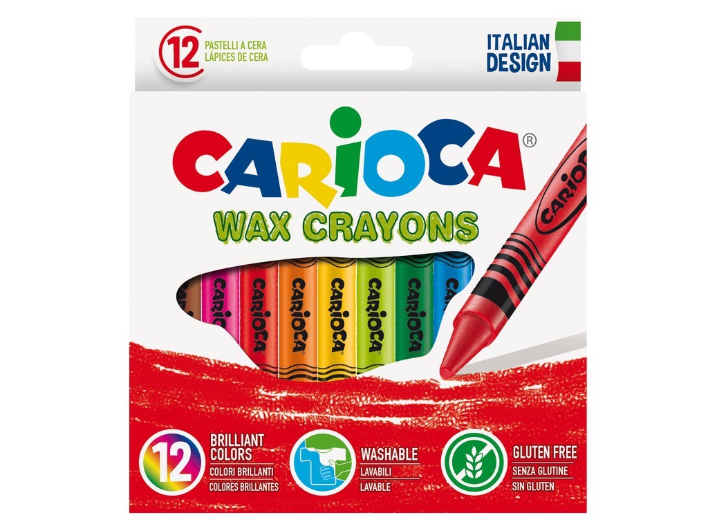Creioane cerate, rotunde, lavabile, D- 8mm, 12 culori/cutie, CARIOCA Wax Crayons