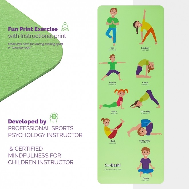 Saltea yoga pentru copii, 153x61x0.6cm TPE printata UV 9 posturi yoga, eco-friendly , non-toxic, OmDashi