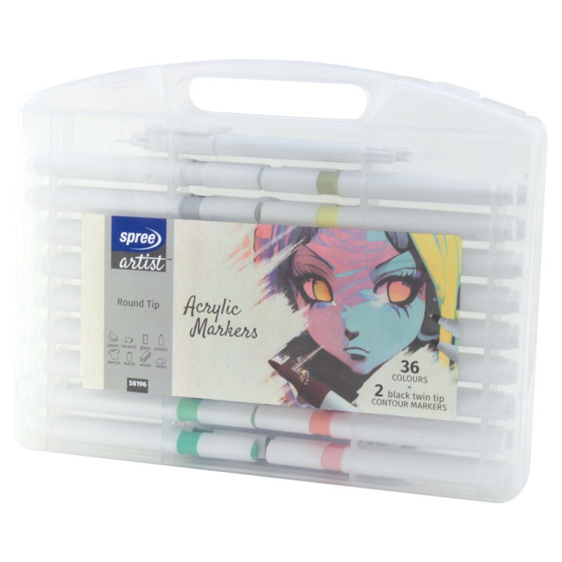 Set 36 culori marker ACRILIC 4mm + 2 contur negru, cutie plastic