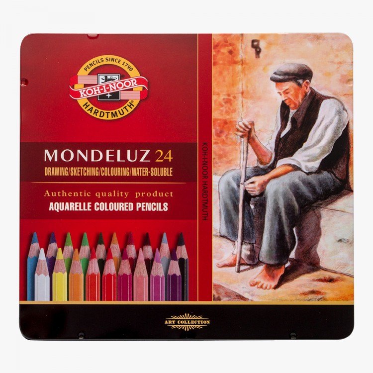 Set 24 creioane colorate Aquarell MONDELUZ KOH-I-NOOR, cutie metalica, culori asortate