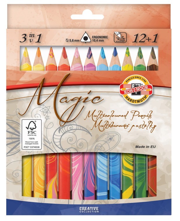 Set 12 creioane colorate triunghiulare KOH-I-NOOR MAGIC JUMBO + blender