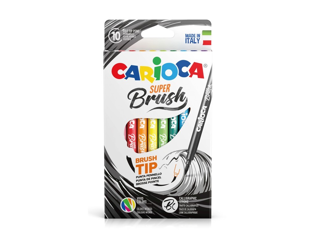 Carioca super lavabila, varf flexibil (tip pensula), 10 culori/cutie, CARIOCA Super Brush