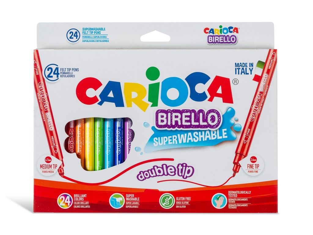 Carioca super lavabila, cu 2 capete, varf subtire/gros, 24 culori/cutie, CARIOCA Birello