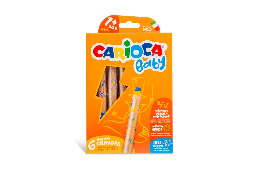 Creioane colorate CARIOCA Baby 1+, 3 in 1, 6 culori/cutie, ascutitoare inclusa