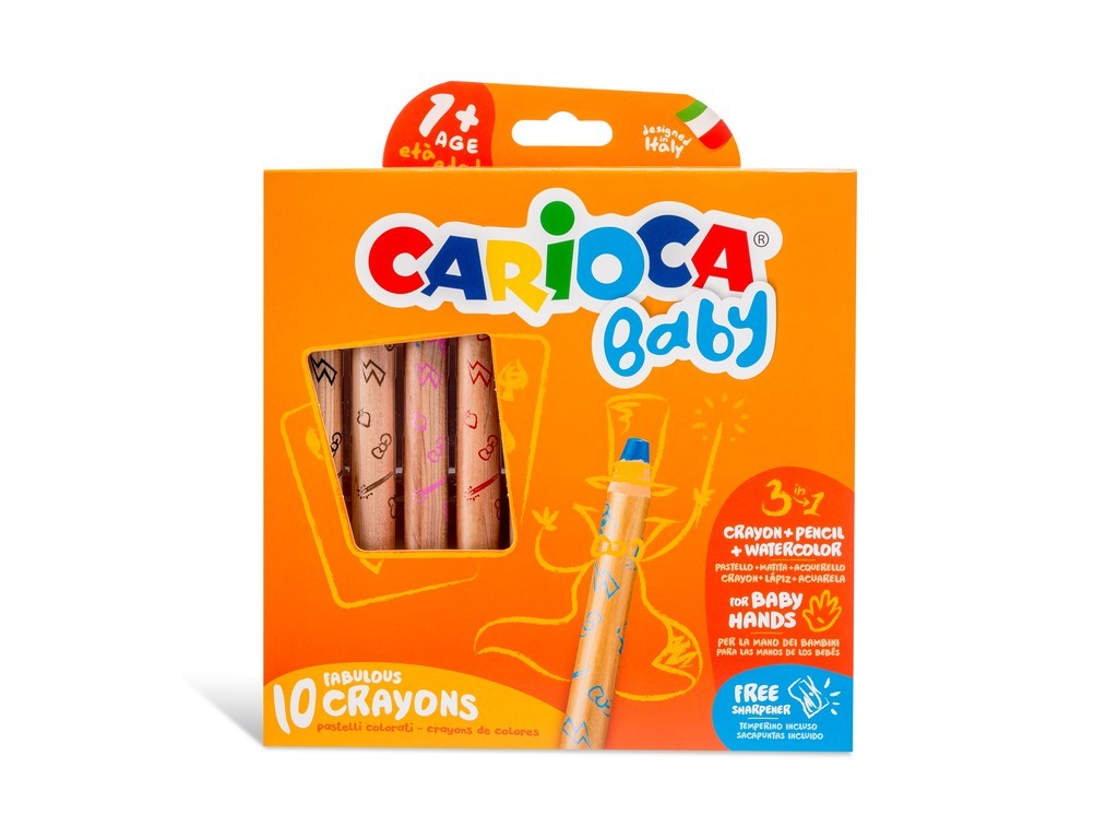 Creioane colorate CARIOCA Baby 1+, 3 in 1, 10 culori/cutie, ascutitoare inclusa